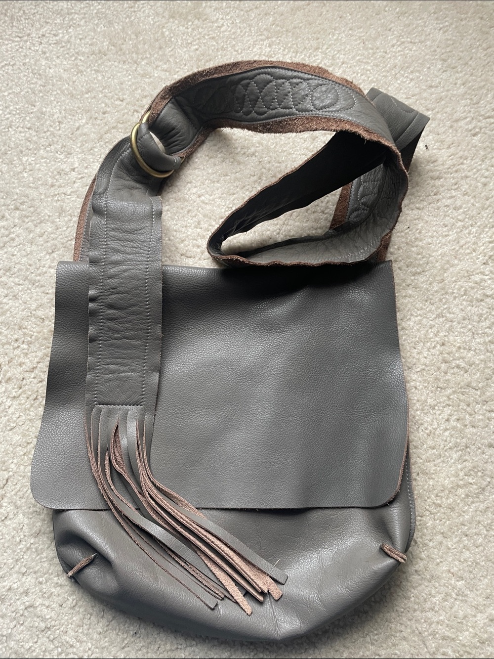 Women's Taupe Grey Leather Fringe Crossbody Bag - Molly G